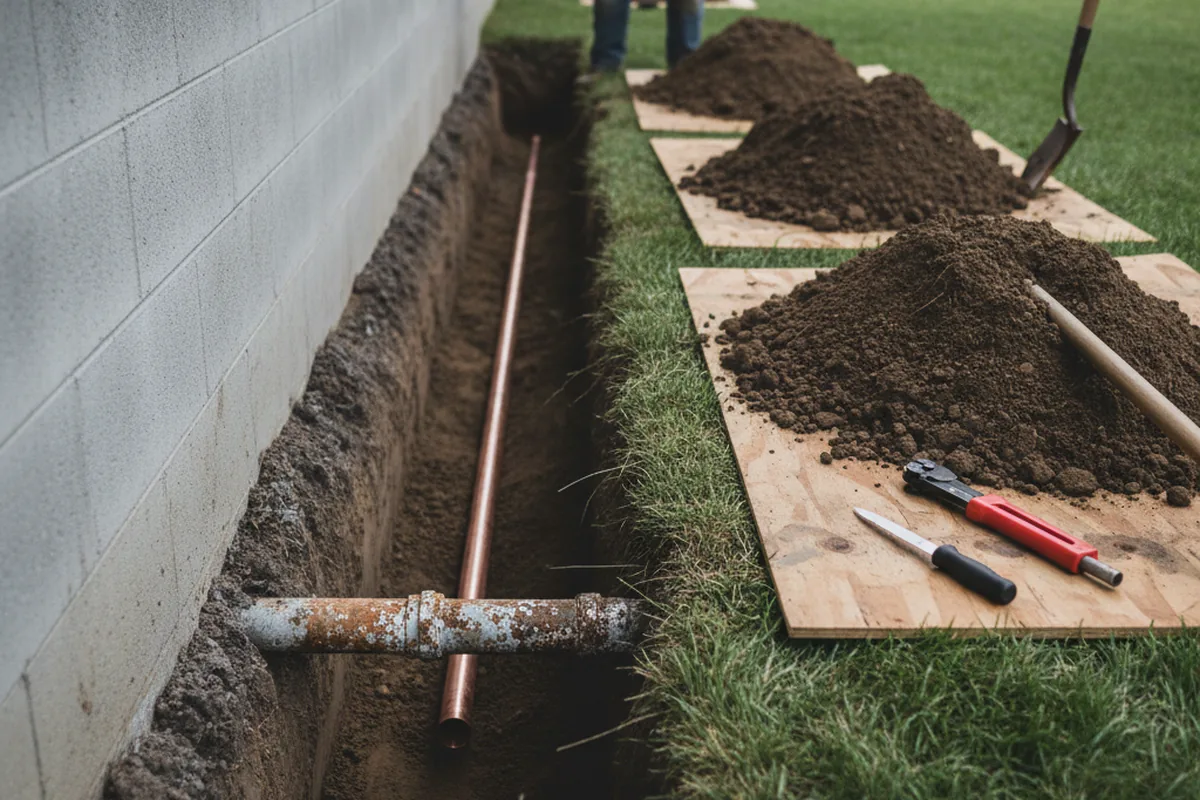 Excavated water line trench during Sewer Line Repair in Fair Haven